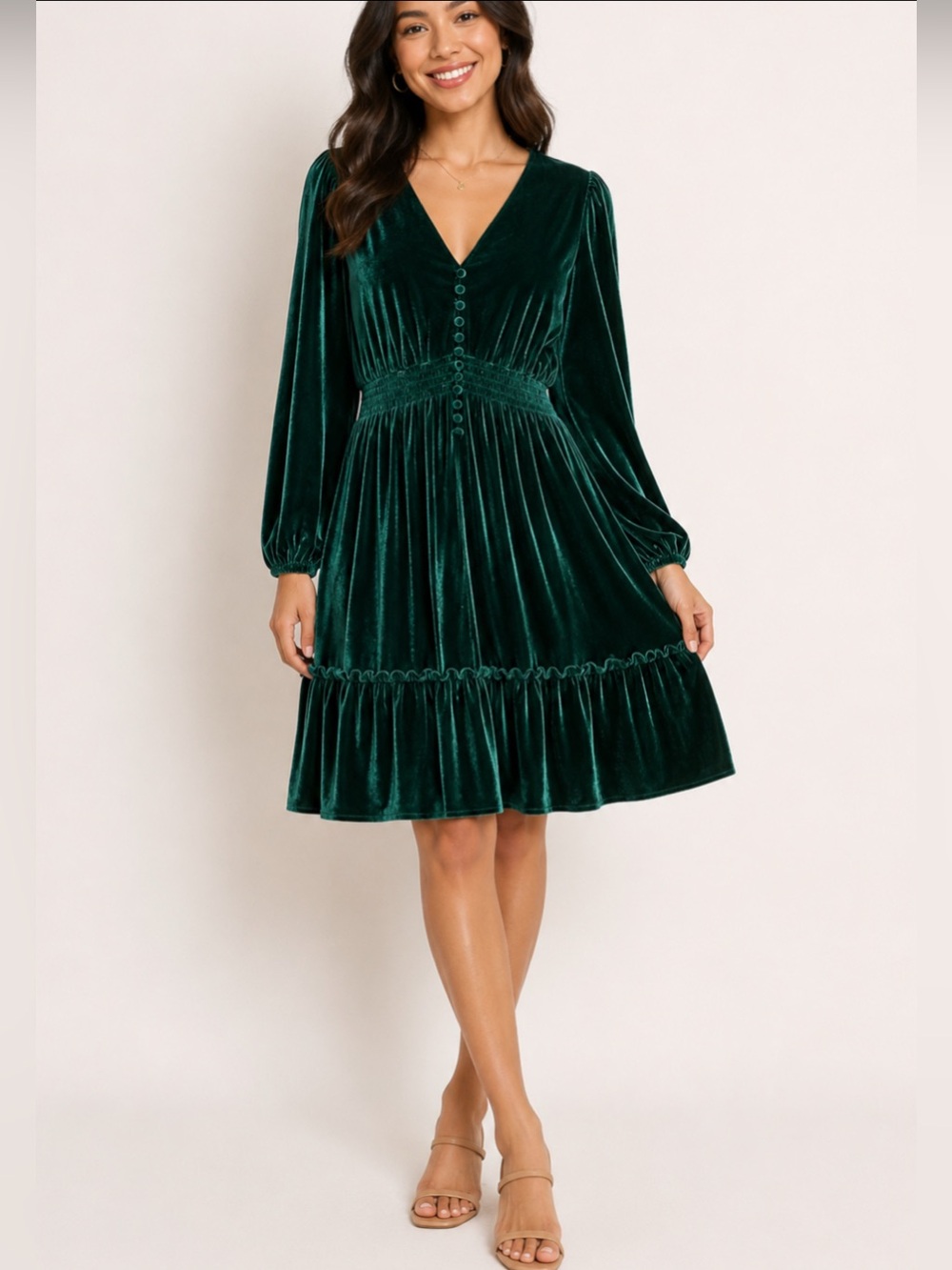 Taylor Velvet Long-Sleeve V-Neck Dress in Deep Green 16